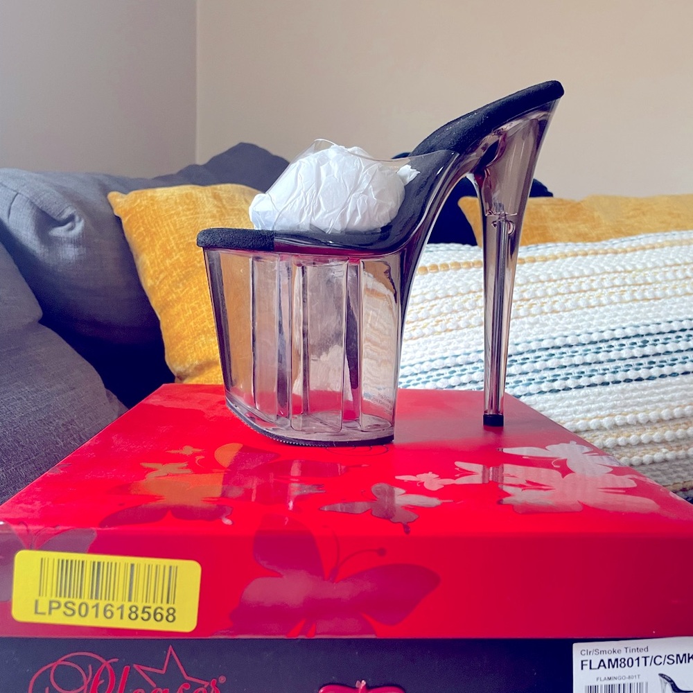 Clear, Smoke Tinted BRAND NEW “Pleaser” Heels Size 8, 6 inch heels